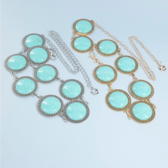 Western Concho Adjustable Chain Belt w Faux Turquoise in Silver OR Gold